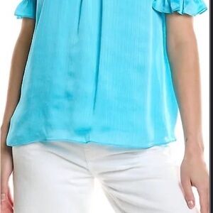 Trina Turk Bright Turquoise Short Ruffle Sleeve Blouse